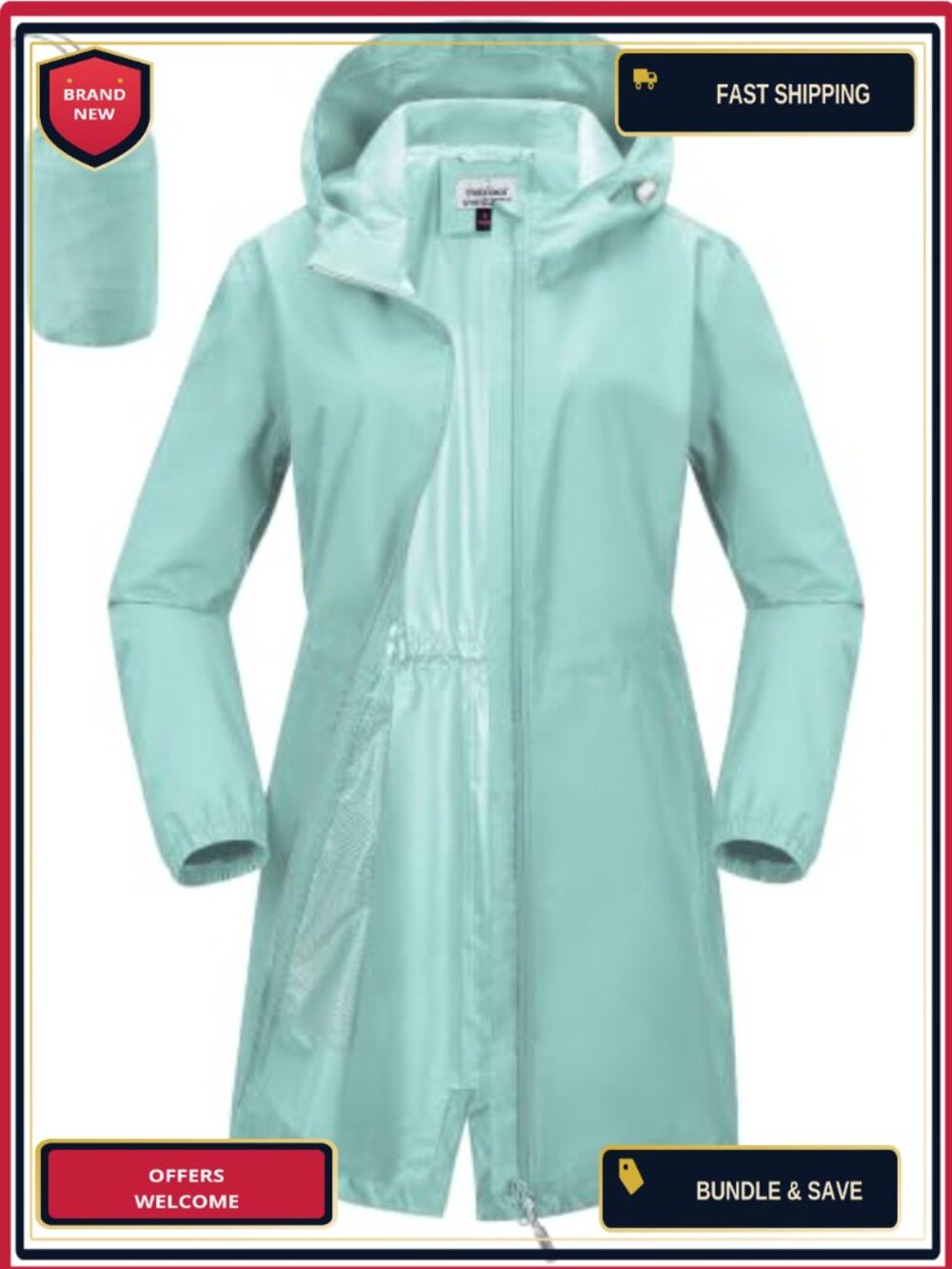 Women's Waterproof Rain Jacket Lightweight Long Hooded Packable Hiking